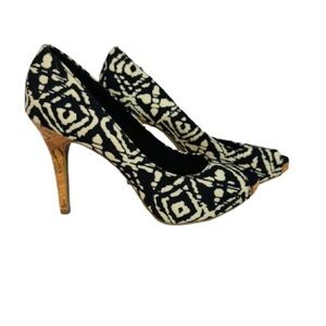 Christian Siriano for Payless Black and Cream Patterned Cork Heels Size 7